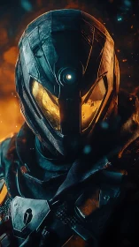 Armored combat exosuit with emissive visor amid volumetric embers