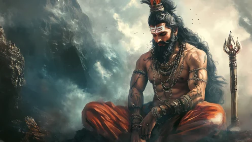 Mythic ascetic warrior in storm-laden Himalayan vortex.