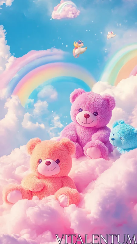 Pastel teddy bears rest on cotton clouds under bright rainbows