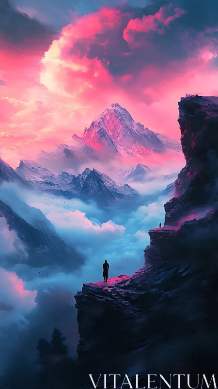 Solitary dreamer walks beneath neon-kissed mountain dawn