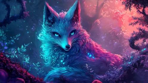 Bioluminescent fox rests in neon lit fantasy forest
