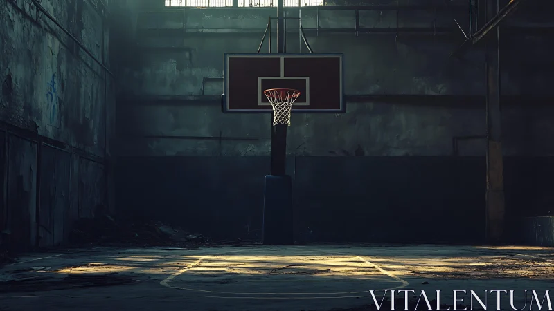 Abandoned indoor court with centered hoop in raking low sunlight