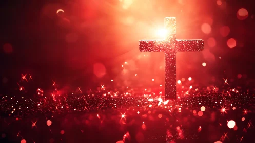 Glittering crimson cross haloed in radiant sacred light.