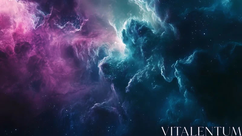 Deep space nebula with blue and magenta gaseous clouds.