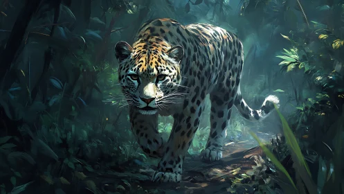 Leopard stalking through misty jungle vegetation with intense gaze