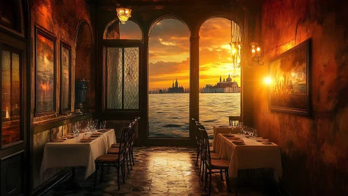Sunset-drenched canal restaurant quietly waits for late lovers