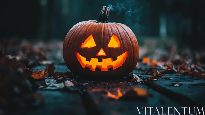 Glowing jack o lantern on wet autumn leaves at dusk