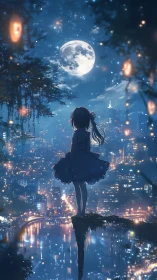 Moonlit girl overlooking luminous cyber cityscape at night.