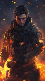 Battle-hardened hero standing strong in a storm of embers.