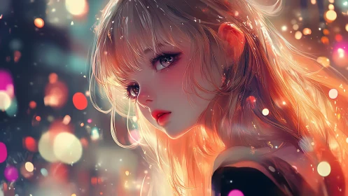 Backlit bokeh-immersed anime portrait with spectral highlights.