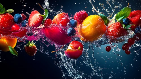 Mixed whole fruits suspended in dynamic water splash motion.