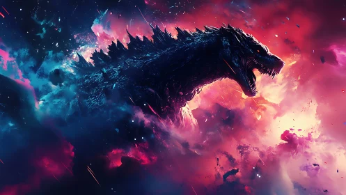 Cosmic kaiju roars through neon storm clouds in void.