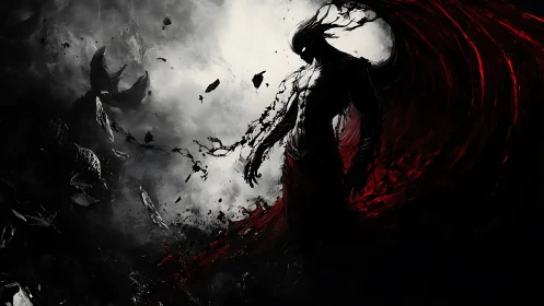 Entropy wreathed humanoid entity in red-black volumetric storm.