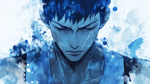 Blue-splashed quiet moment with a reflective anime soul.