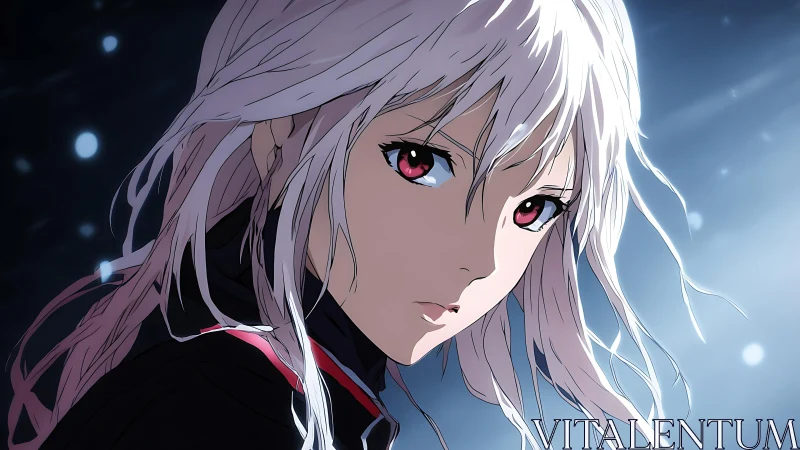 White-haired anime character looks back under cold blue light