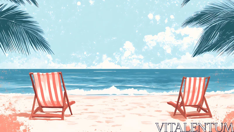 Two striped deck chairs face a calm sea on a sandy beach