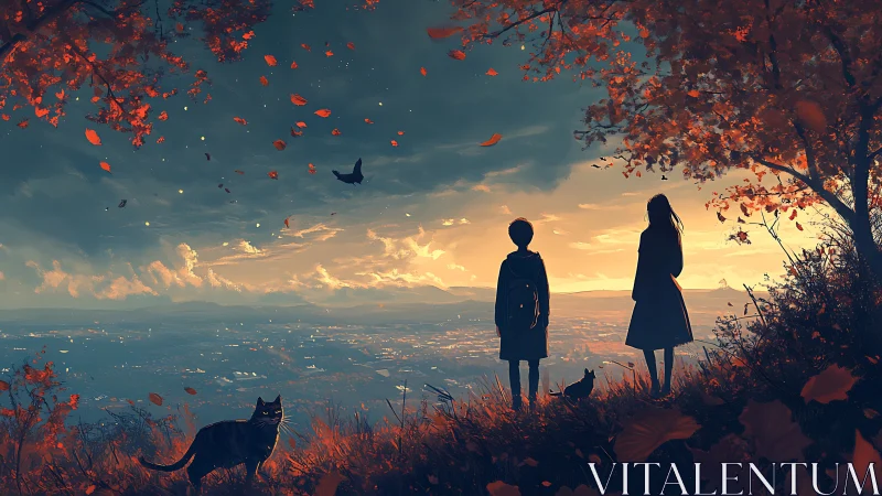 Backlit silhouettes watch autumn valley under luminous sunset sky