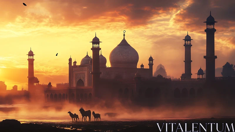 Sunlit desert palace emerging through glowing river mist.