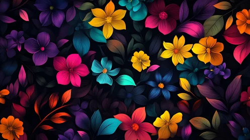 Neon Garden Symphony: Blooms Dance in Electric Darkness.