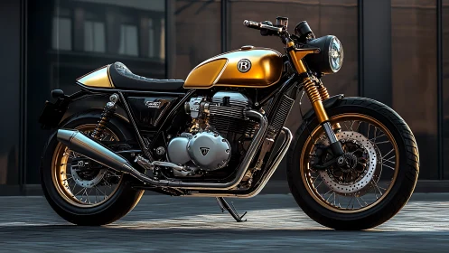 Golden cafe racer motorcycle stands on urban pavement at dusk