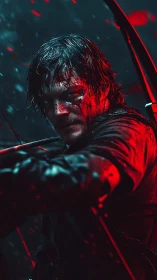 Battle-hardened archer aims under blood-red rainstorm.