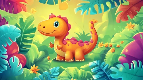 Cute orange dinosaur in bright tropical jungle scene.