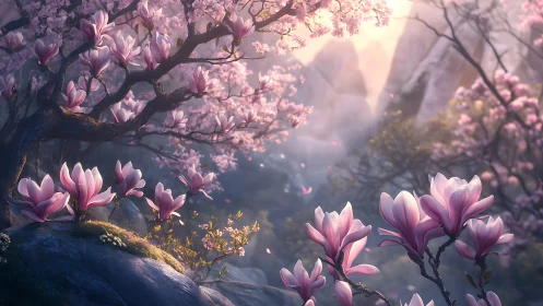 Blossoming magnolia grove glows softly in dreamy mountain light