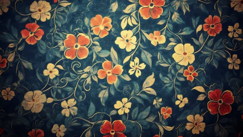 Floral pattern with red and cream blossoms on dark blue field.
