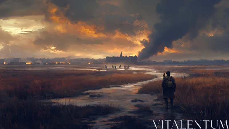Solitary soldier crossing marshland toward burning distant city
