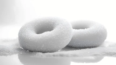 Sugar-coated donut rings exhibiting granular crystalline surface texture with macro depth of field