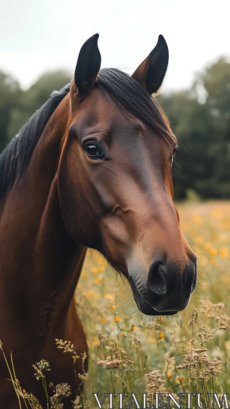 Chestnut horse portrait in soft meadow light. Period.