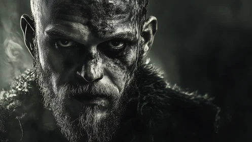 Weathered warrior’s intense gaze in smoky shadowed light.