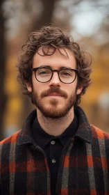 Bearded man in plaid coat under autumn bokeh light portrait.