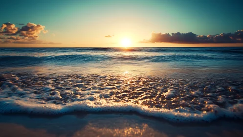 Sunlit shoreline waves capture low-angle golden hour seascape