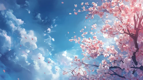 Cherry blossoms against luminous spring sky panorama.