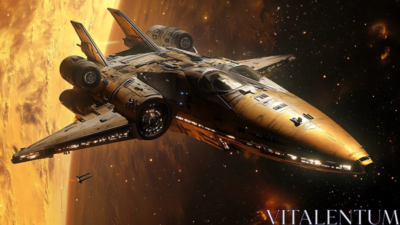 Golden starship gliding past a blazing cosmic horizon.