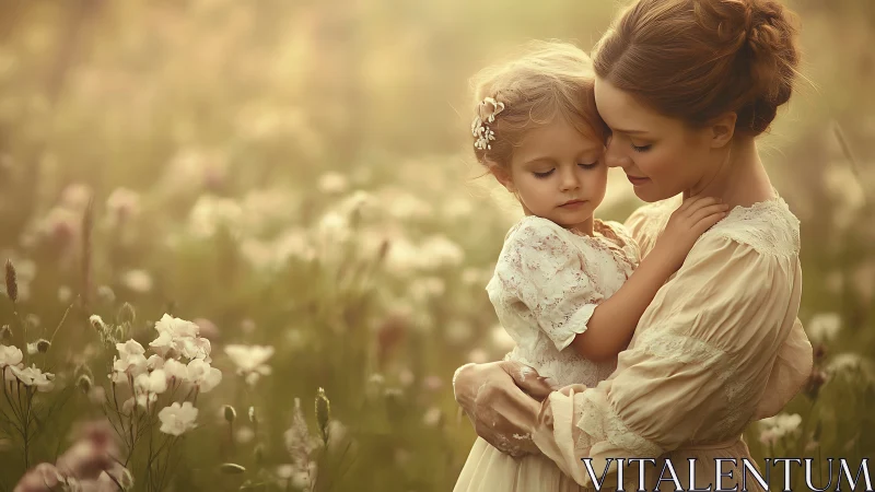 Mother and daughter embrace in sunlit wildflower meadow