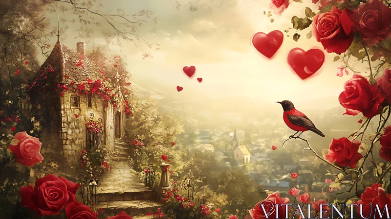 Romantic Fantasy Castle with Red Roses and Hearts