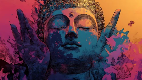 Chromatic serenity: Buddha in swirling aurora of calm.