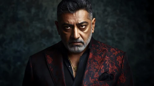 Intense older man in red patterned jacket meets your steady gaze