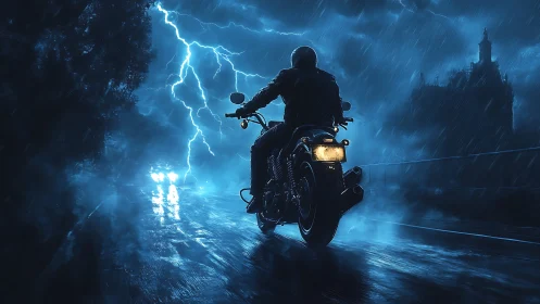 Stormrider on midnight highway carved by blue lightning.
