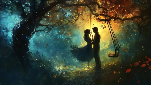 Luminescent Forest Embrace: Silhouetted Couple on Suspended Swing.