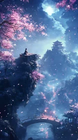 Moonlit mountain village is rendered with cherry blossoms