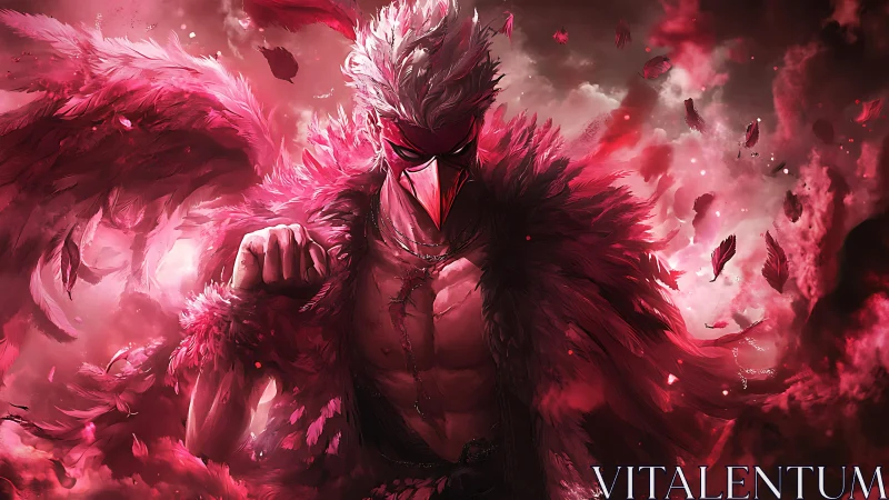 Crimson winged warlord strides through a storm of burning feathers.