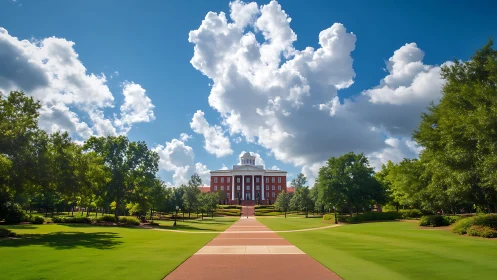 Symmetrical campus lawn and central brick academic building.