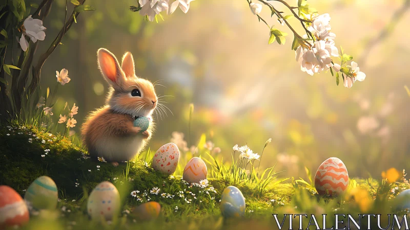 Easter bunny holding egg in glowing spring meadow scene.