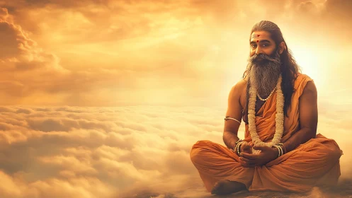 Mystic sage in golden celestial clouds, soft radiant light.