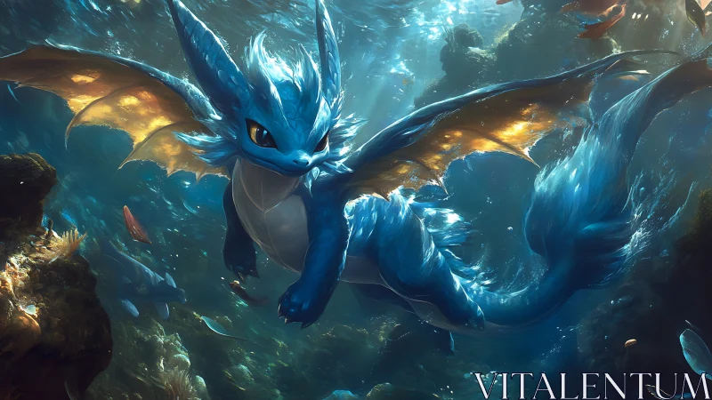 Blue aquatic dragon glides through radiant coral reef waters