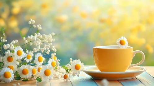 Yellow Teacup with White Daisies and Baby's Breath Blooms