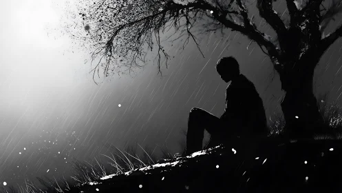 Solitary figure sits beneath barren tree under heavy rain